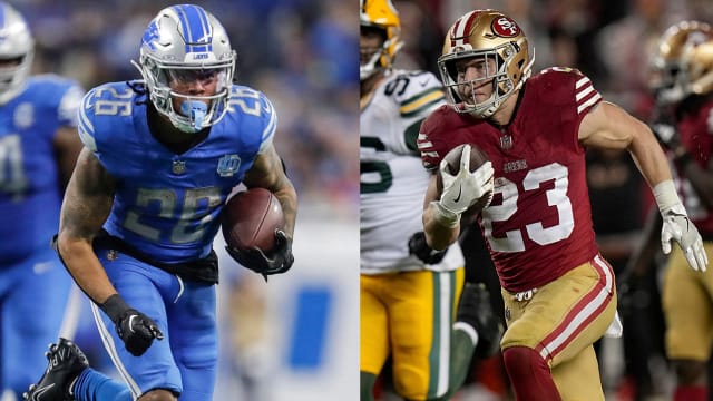 Lions running back Jahmyr Gibbs and 49ers running back Chistian McCaffrey